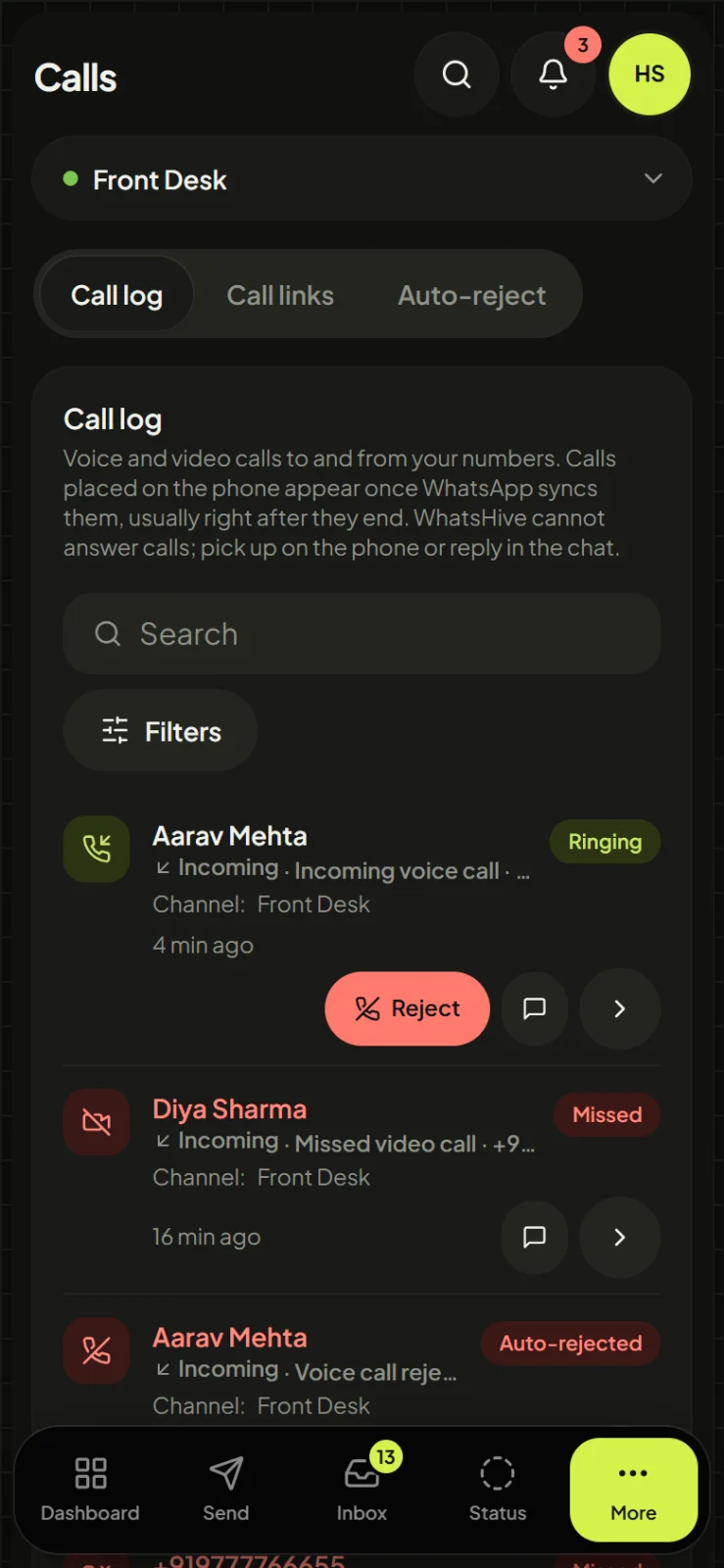 whatshive mobile calls